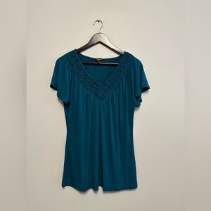 Dark Teal Elegant V-Neck Women Top Size Large